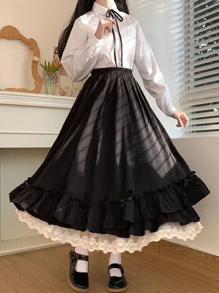 

Female Fashion Sweet Loose Half Skirt Preppy Ruffled A-line Skirt White Long Skirts Women Japanese Style Lace Double Layer Skirt