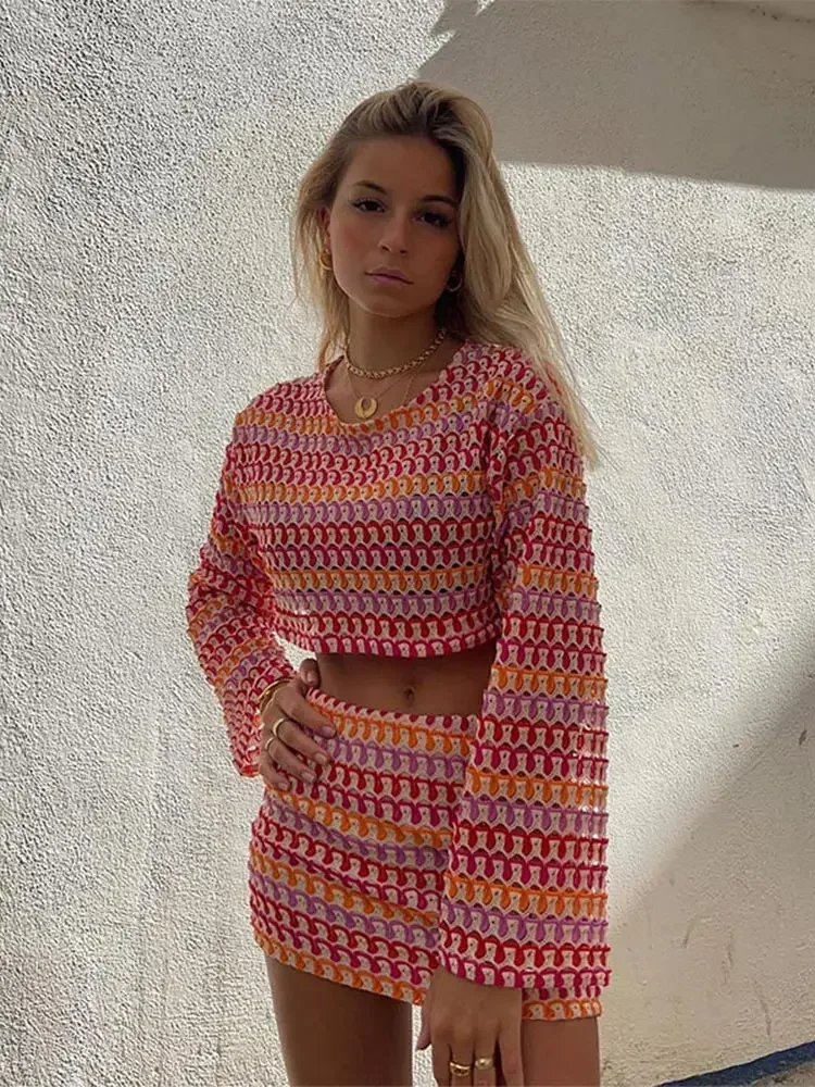 Sexy Colorful Stripe Printed Crop Top Mini Dress Suit Women Chic Round Neck Flare Long Sleeve Short Tops Hip Wrap Slim Skirt Set