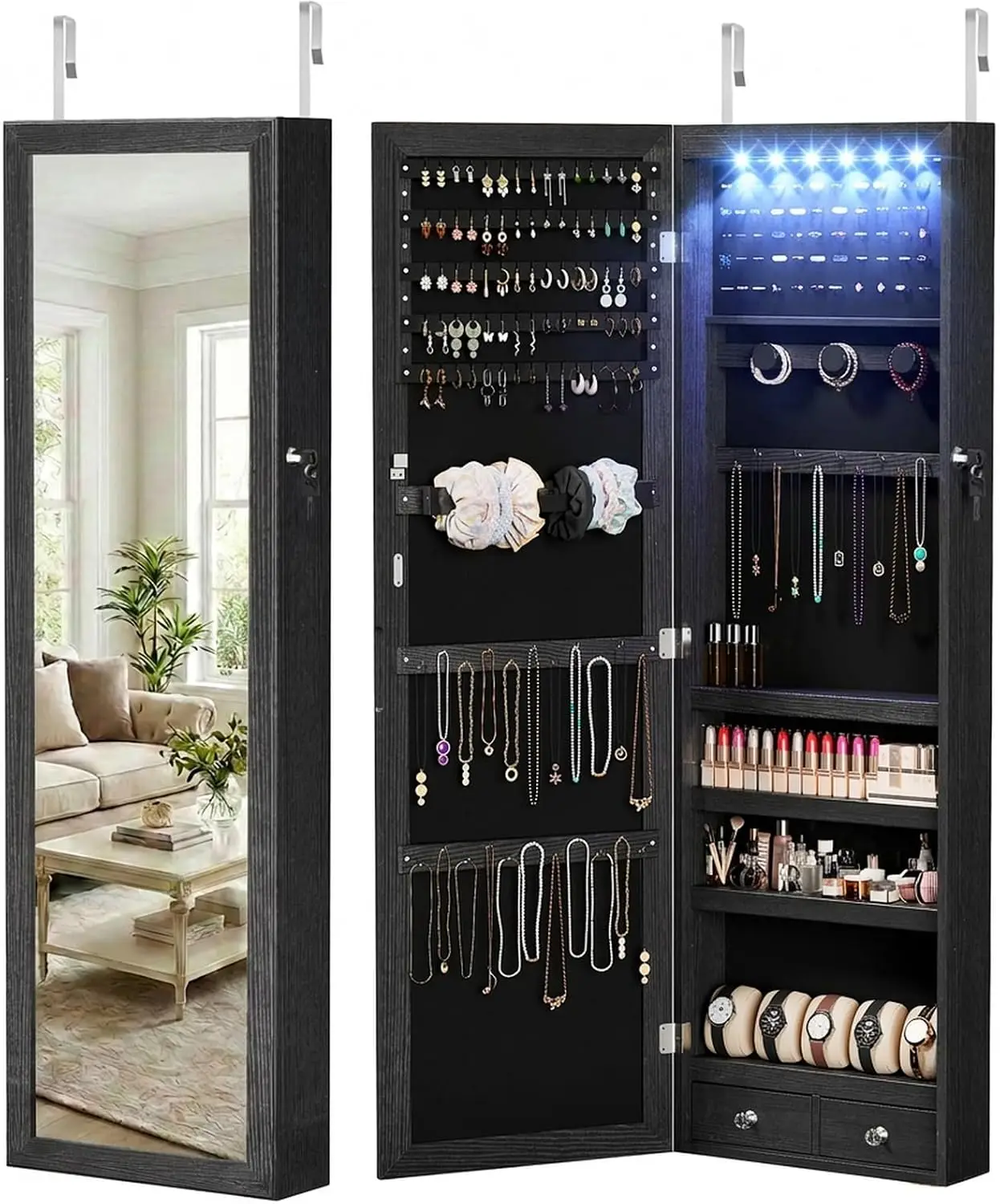 Black Lockable 6 Led Mirror Jewelry Organizer Hanging Door Wall Mounted Cosmetic Storage Large Capacity 2 Drawers Gift Idea