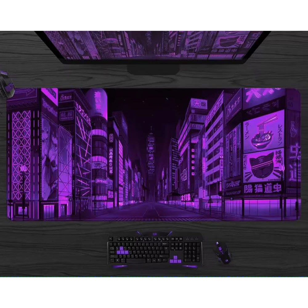 Neon Tokyo Street Scene Gaming Mouse Pad Ultra Desk Mat Japanese-Style Anime Purple Vaporwave Skyline City Theme