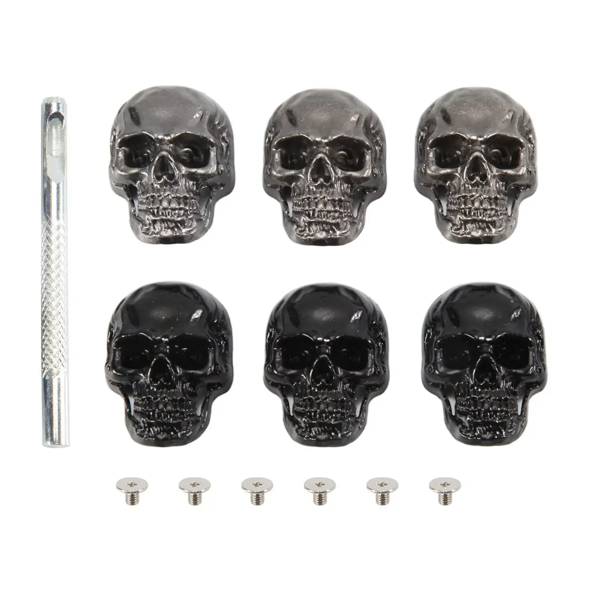 Final~~6pcs Skull Rivets Studs for Clothing, Gothic Style Skull Head Buttons Screws with Drilling Tool, 3D Skeleton Pins