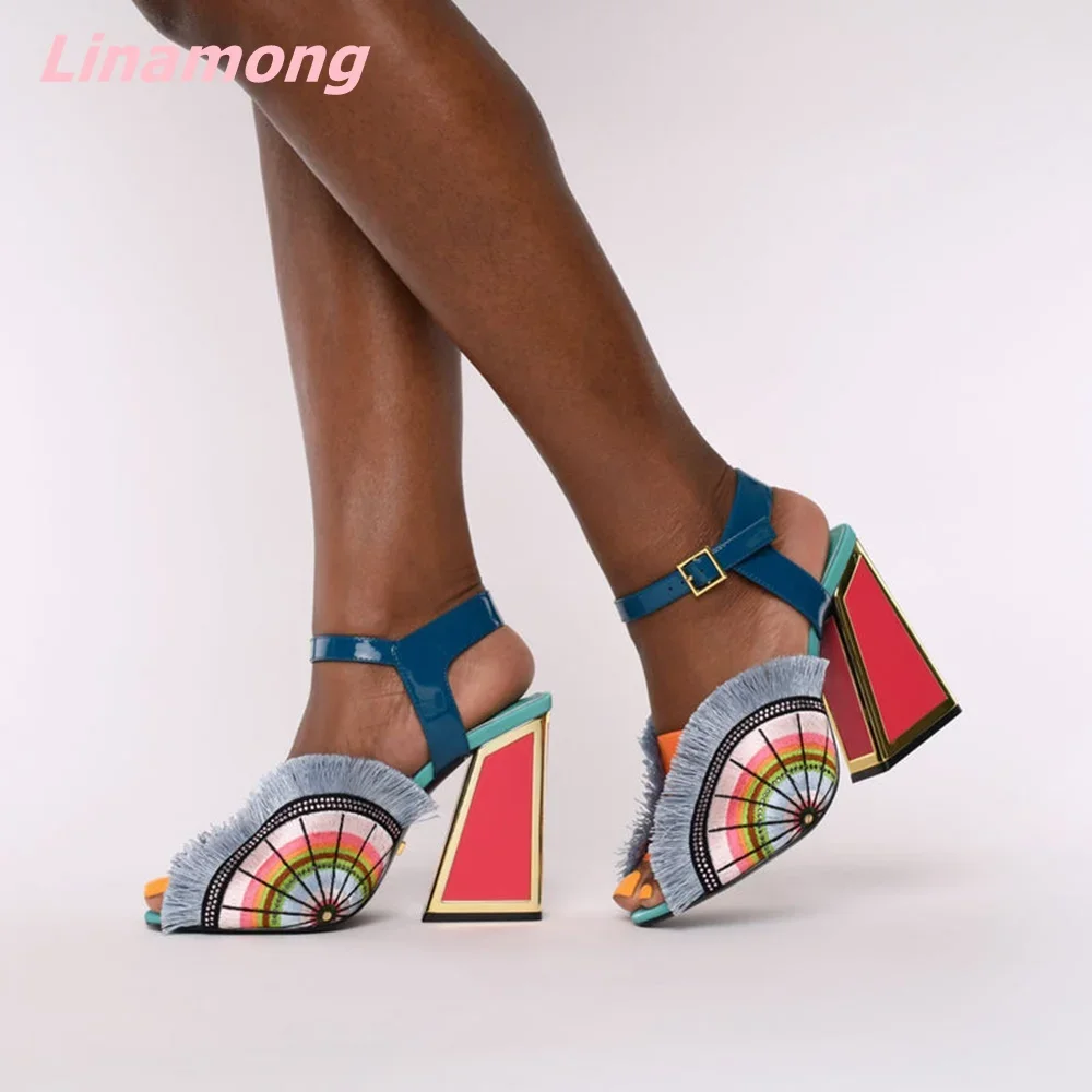 2024 Multi-color Stitching Women Sandals Genuine Leather Novelty Silk Spike Heels Open Toe Buckle Strap Comfortable Hottest