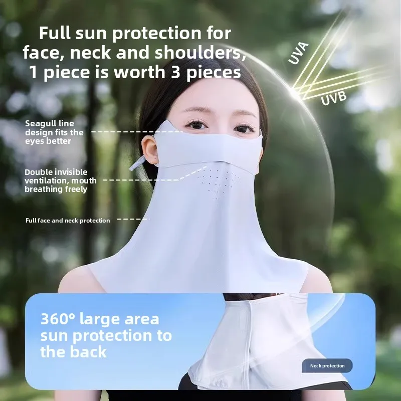 Ice Silk Sun Protection Face Mask for Women, Full-face UV Protection, Driving Sunshade Veil, Neck-protecting Mask, Face Cover
