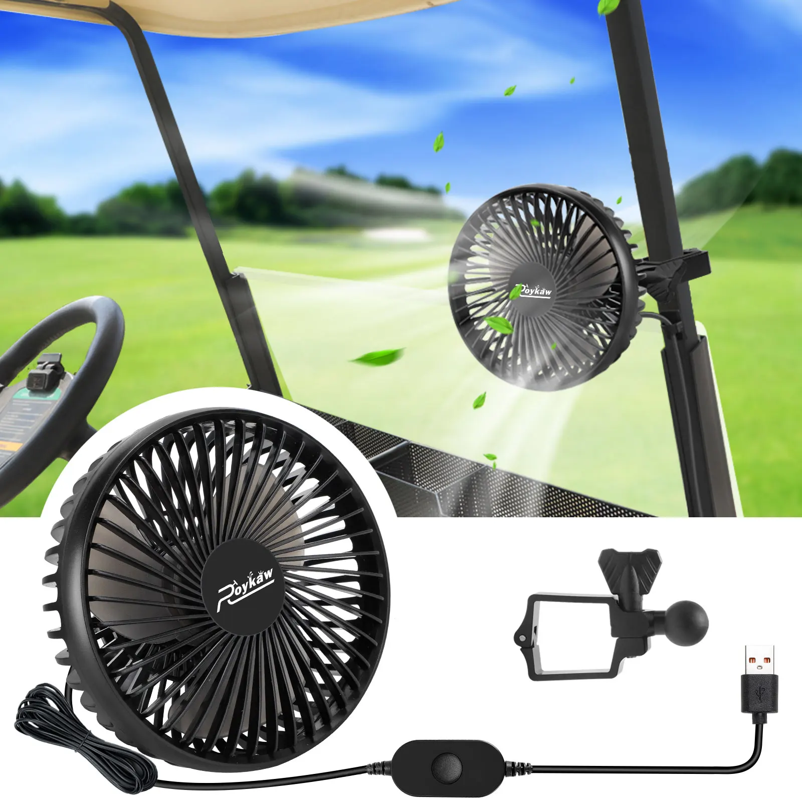 Roykaw Golf Cart Fan Portable USB Input for EZGO Club Car Yamaha, 3-Speed Settings, 360 Degree Rotation,Low Noise Designed-1 pcs