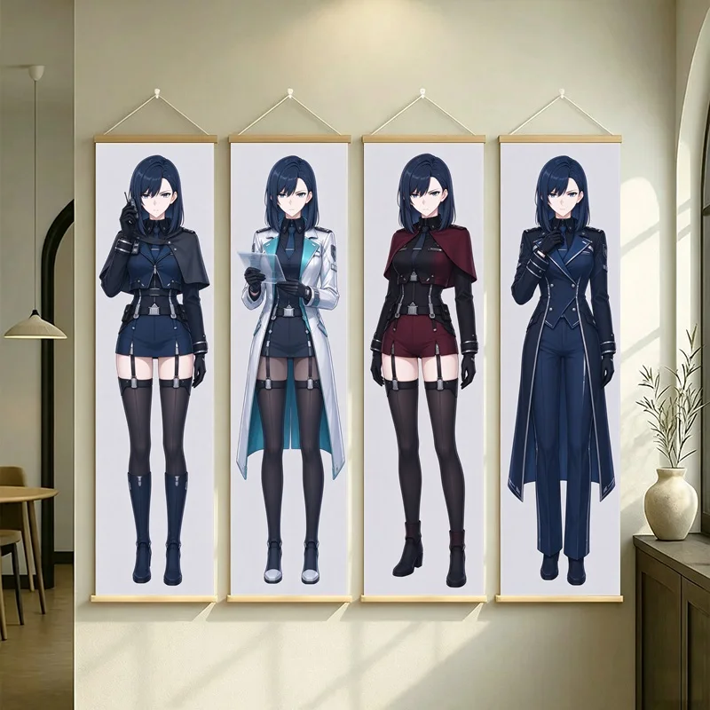 Dark Haired Anime Girl Hanging Scroll with Navy and Burgundy Outfits in Detailed Full Length Illustration for a Bedroom