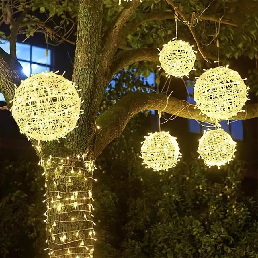 2024 New Year Christmas Decorations Fairy String Lights Outdoor 30CM LED Rattan Ball Garden Lights for Home Party Wedding Street