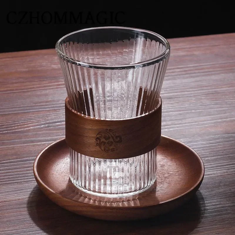 1pc 300ml Glass Coffee Mug Walnut Cup with Wooden Sleeve Japanese Style Stripe Glass Cup Drinkware Gifts Tea Beer Latte Mugs