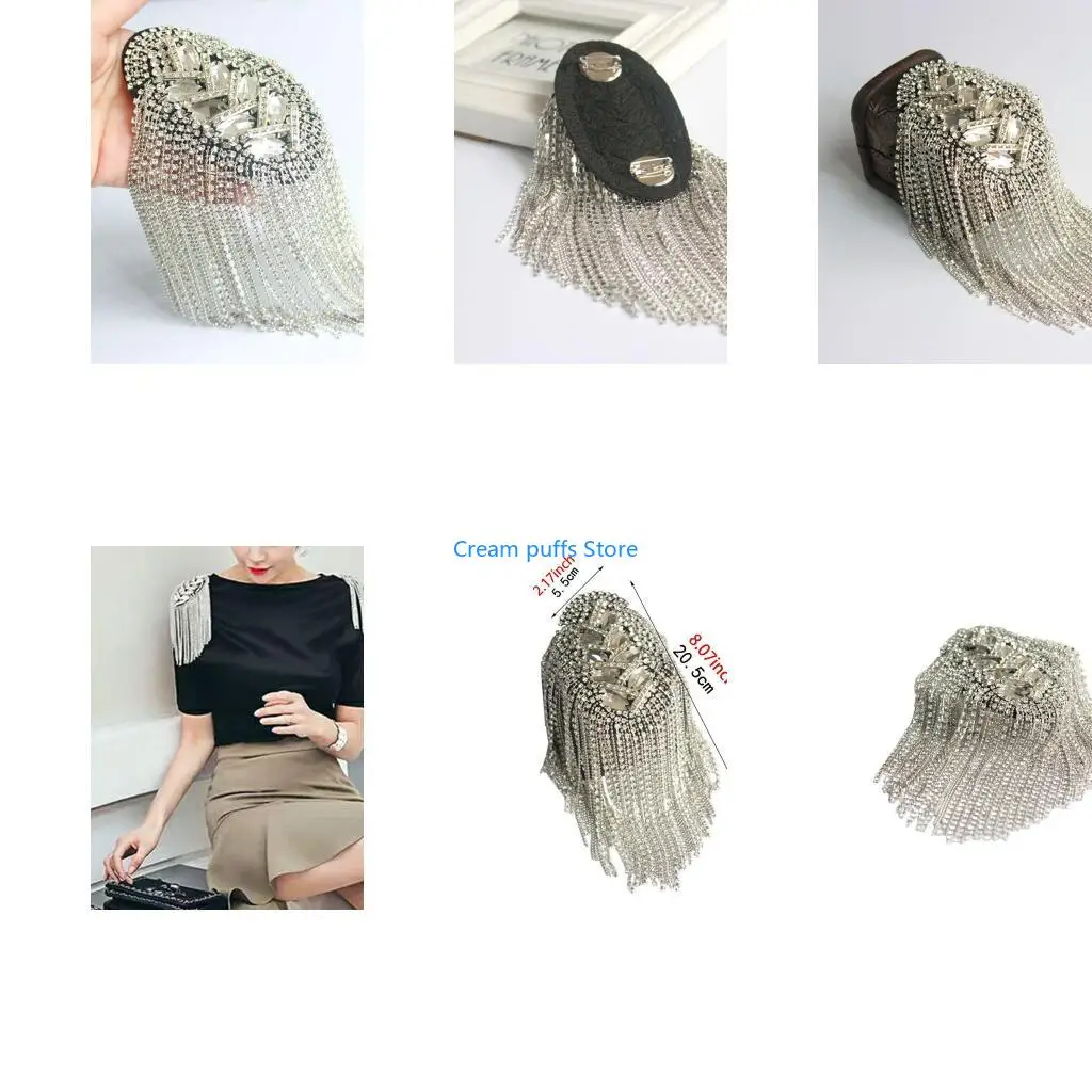 50LE Women Men Silver Punk Fringe Shoulder Board Badge Vintage Glitter for Rhinestone Tassels Chain Epaulet Uniform Accessori