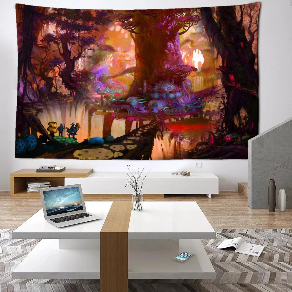 

Red Misty Forest Tapestry Wall Hanging Bohemian Psychedelic Witchcraft Tropical Landscape Aesthetics Living Room Home Decoration