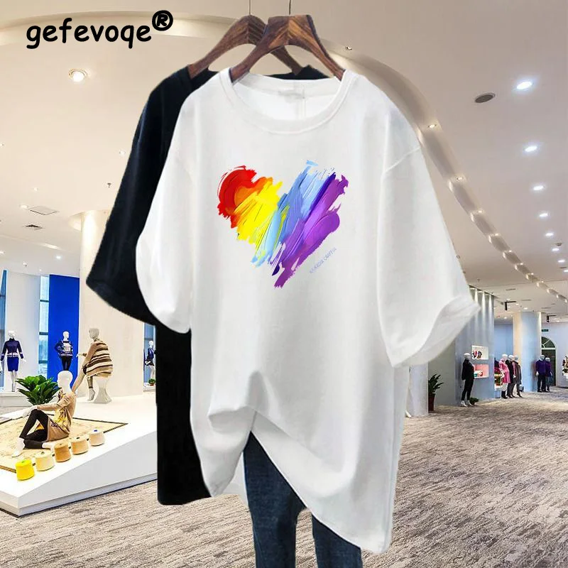 Rainbow Love Pure Cotton White Pullover T-shirt for Women Summer Short Sleeve Fashion Round Neck Loose-fitting Middle Length Top