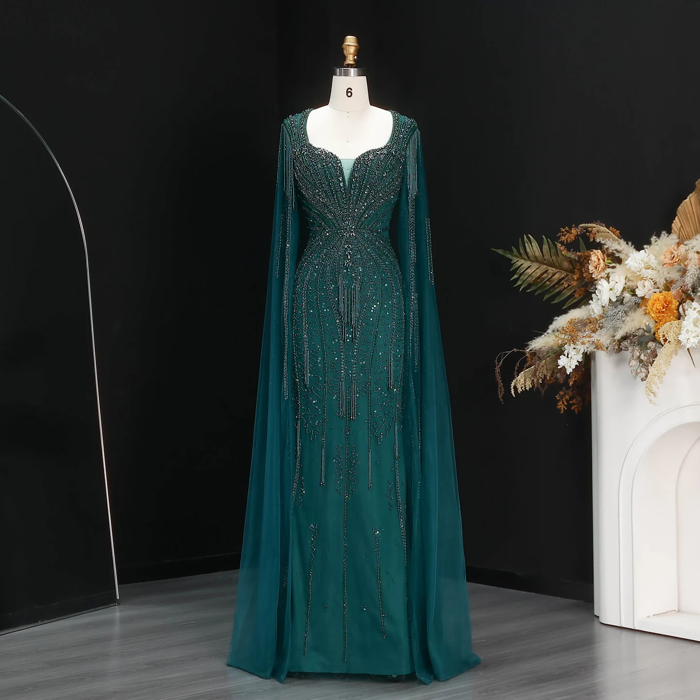 Sharon Said Dubai Luxuriöses Champagner-Meerjungfrauenkleid mit Cape-Ärmeln für Damen, Hochzeitsfeier, Ballkleider SS024, Maßanfertigung – Detail 13