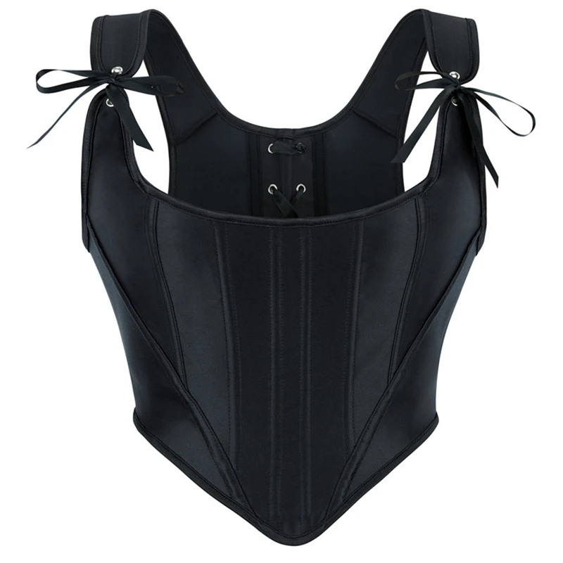 

Women Black Satin Corset Crop Tops Sexy Shapewear Overbust Boned Body Shaper Lace-up Shoulder Strap Bustier Vest