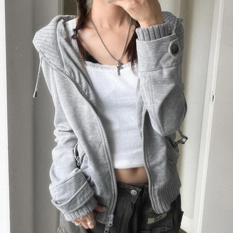 IAMHOTTY Pockets Double Zip-up Hoodie Vintage Loose Fit Hooded Sweatshirts Grey Casual Basic Cargo Cardigan Sportswear Womens