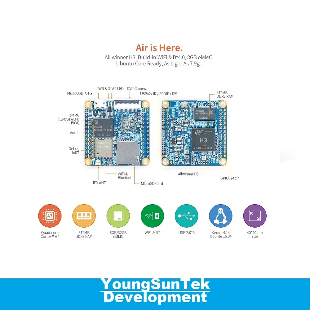 NanoPi Neo Air V1.1(512M RAM/8G eMMC) YoungSunTek Allwinner 쿼드 CortexA7, 최대 1.2GHz, OpenW…