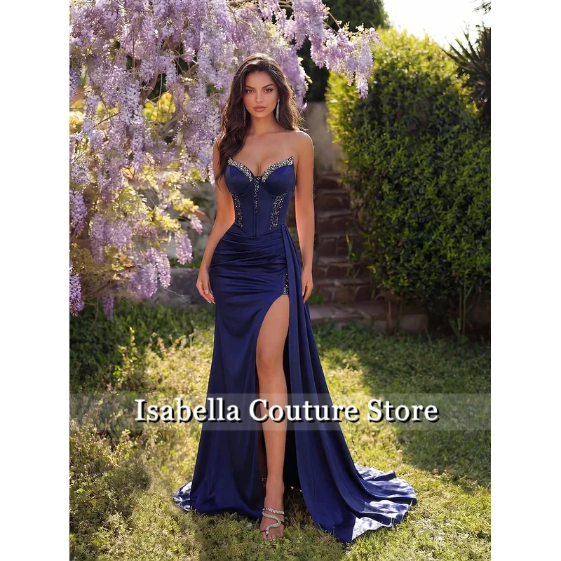 Navy Blue Strapless Mermaid Prom Dresses Beaded Corset Satin High Slit Formal Evening Gown Party Dress 2026 Customized