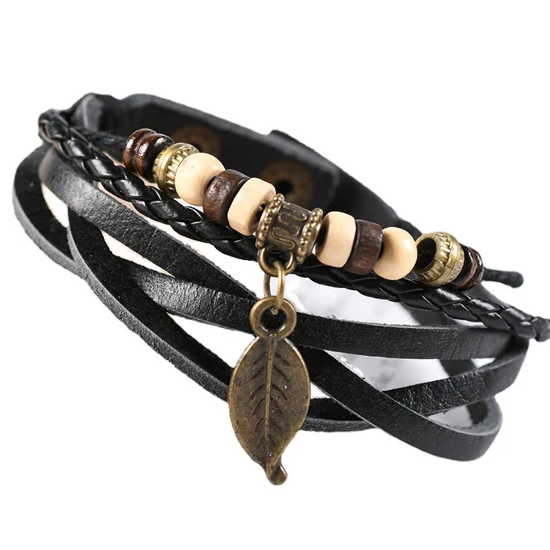 4Pcs/ Set Braided Wrap Leather Bracelets for Men Vintage Life Tree Rudder Charm Wood Beads Ethnic Tribal Wristband Rope Bracelet