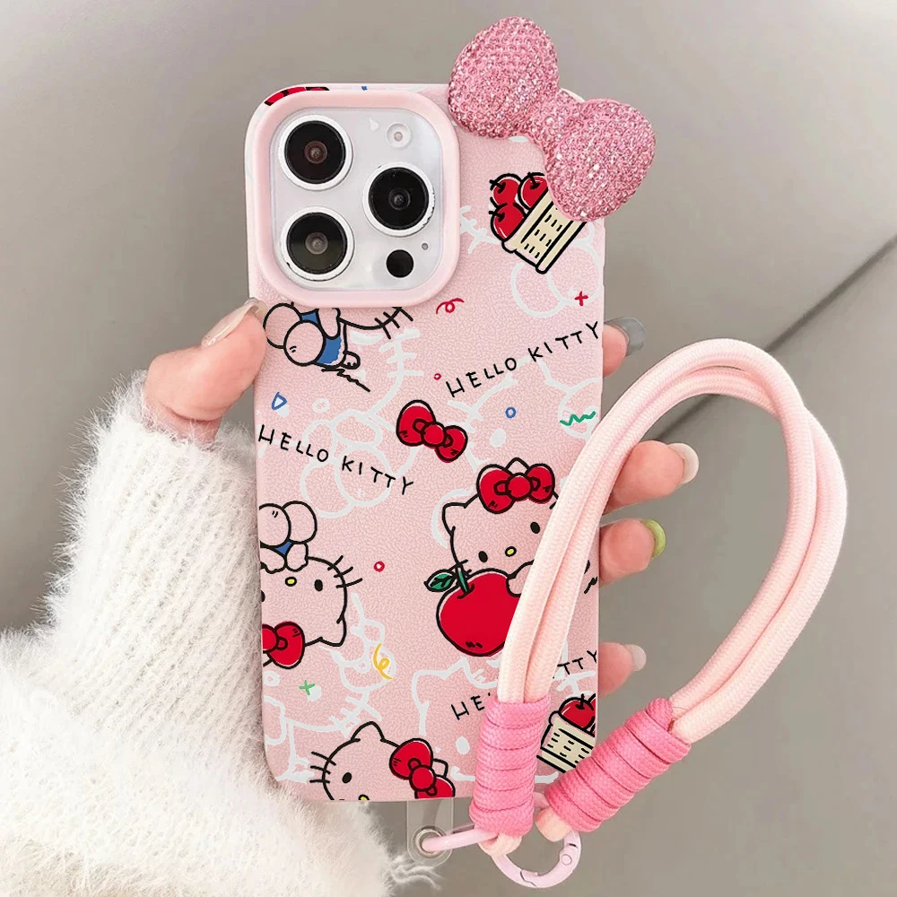 

Kwaii Pink Hello Kitty Phone Case For iPhone 17 16 14 15 13 12 11 Pro Max 17 Air 15 16 Plus X XR XS Soft Lychee pattern Cover