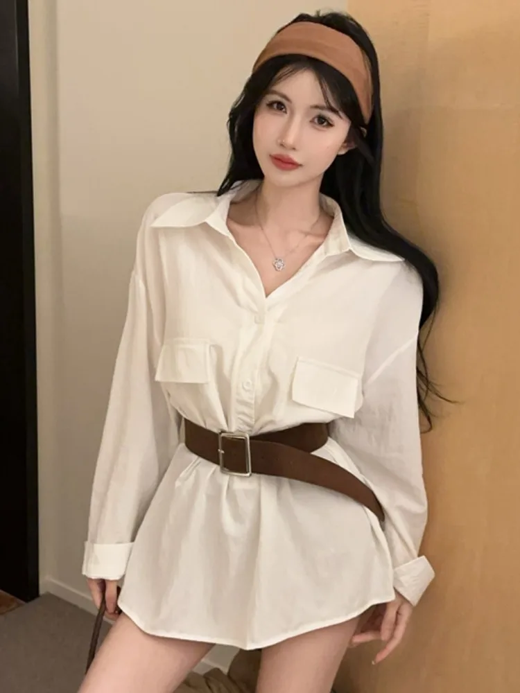 

Elegant White Long Sleeve Shirt for Women with Belt Vintage British Style Commute High Waist Flounce Hem Collar Spring A...