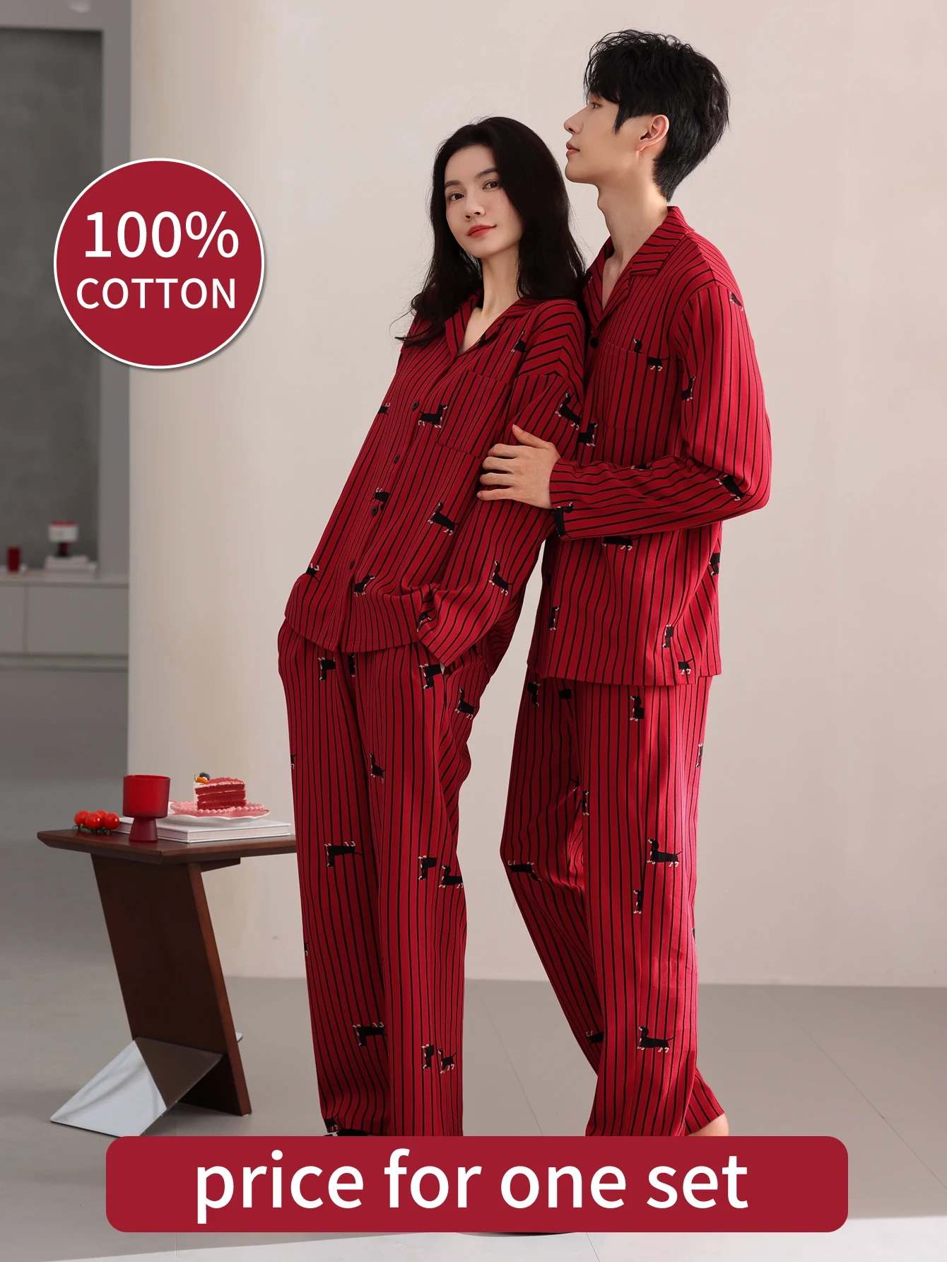 Set di indumenti da notte per coppia, pantaloni a maniche lunghe in cotone 100% da uomo o da donna, vestiti per la casa in puro cotone rosso da sposa, autunno e inverno