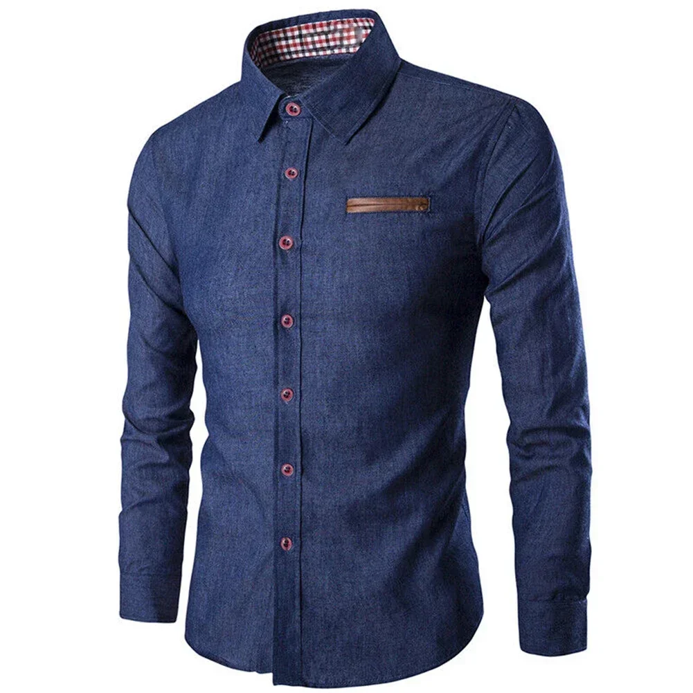 Autumn Mens Pocket Panel Long Sleeve Shirt Jean Versatile Slim Fit Shirt Dress Shirts Cotton Linen Blouse Button Down Casual Top