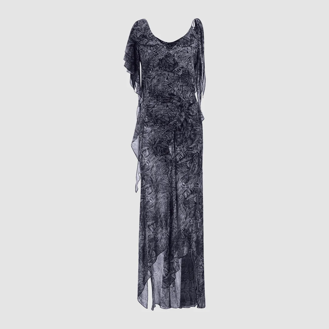 Elegantes Retro-Kleid mit bedrucktem Band, schmal geschnitten, V-Ausschnitt, modisches Design, sommerlich, lässig und sanft, vielseitig, langes Damenkleid