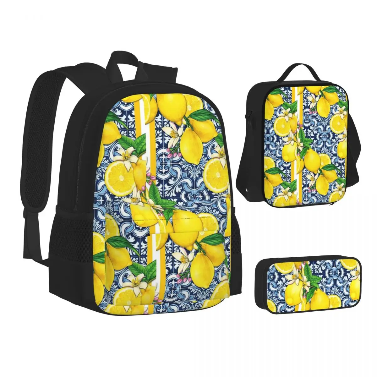 Lemon Sorrento Style Tile Pillow Backpacks Students Bookbag School Bags Children Rucksack Lunch Bag Pen Bag Three-Piece Set