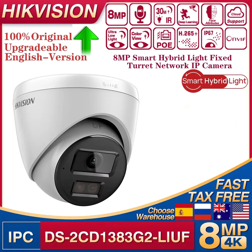 Original Hikvision 8MP Smart Hybrid Light IP Camera DS-2CD1383G2-LIUF Dual-Light White Light Built-in Mic Turret Network Camera