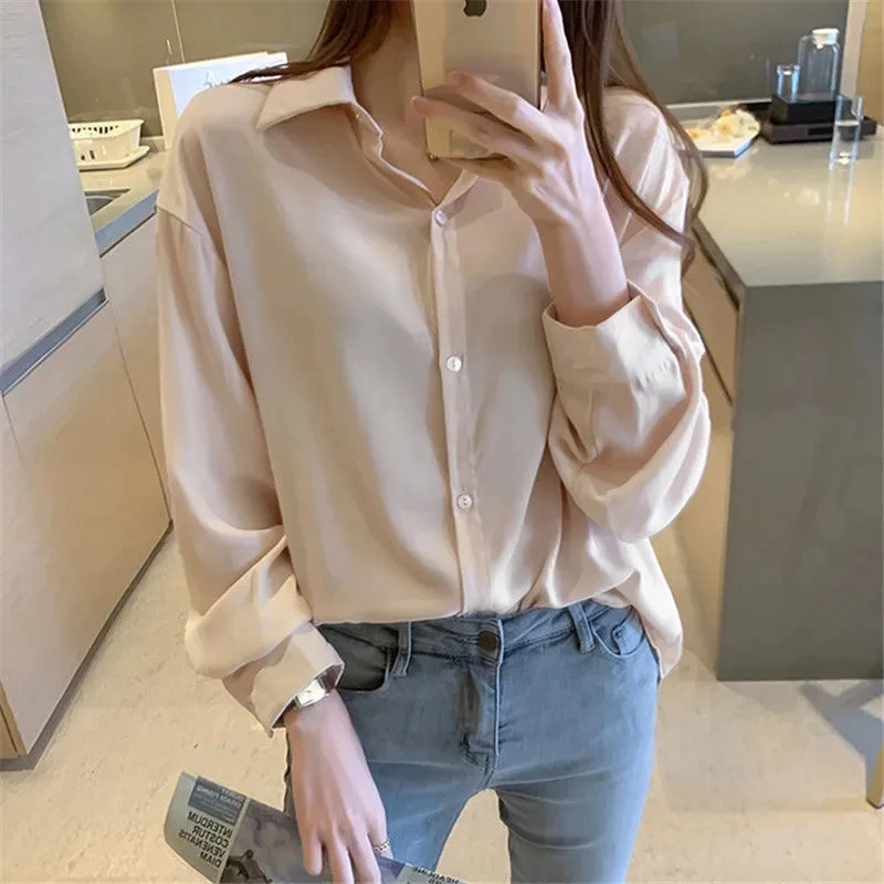 Hong Kong Winds หญิงอเนกประสงค์สีทึบเสื้อชีฟองเสื้อสเวตเตอร์ถักเกาหลีสไตล์ Retro ผู้หญิงหลวมแขนยาวเสื้อชีฟอง