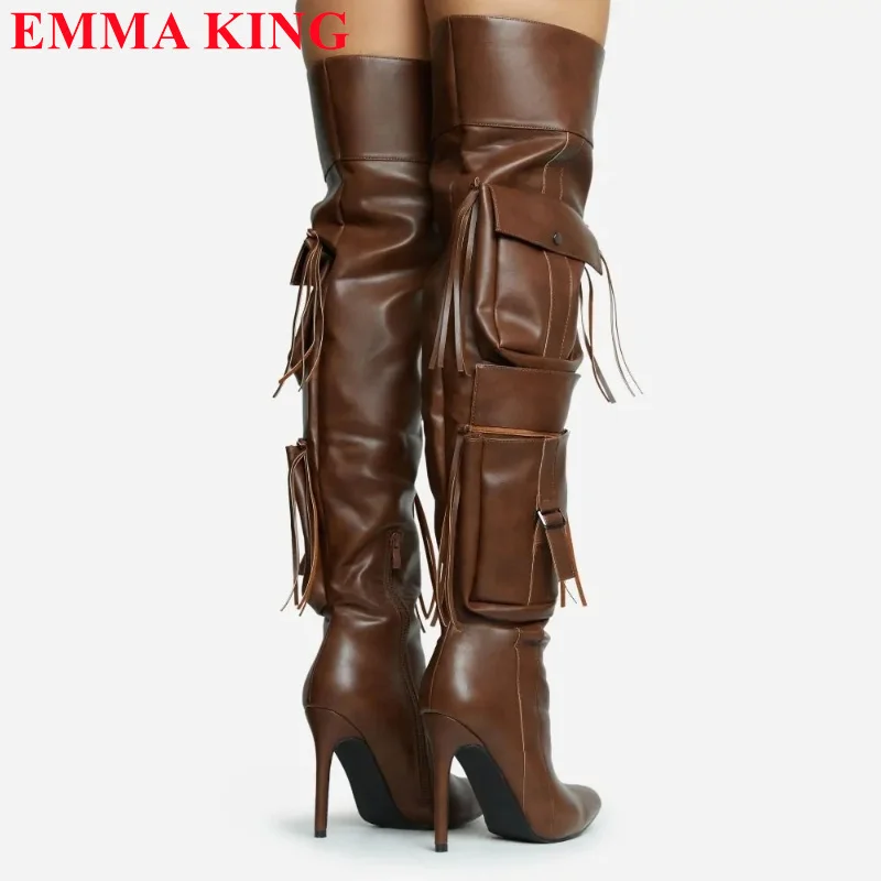 Winter Autumn Women Pocket Fringe Thigh High Black Brown Pointed Toe Over The Knee Boots Ladies High Heel Shoes Long Boots Woman