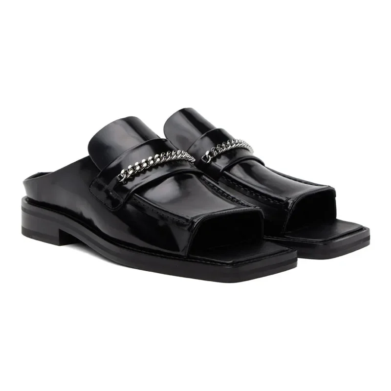 

Glossy Black Square Toe Mules with Chain, Men's Streetwear Backless Loafers