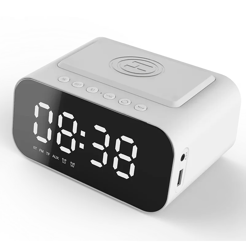 Digital Alarm Clock Bluetooth Speaker FM Radio Wireless Charger Phone Charging Pad  USB Fast Charger Table Clock