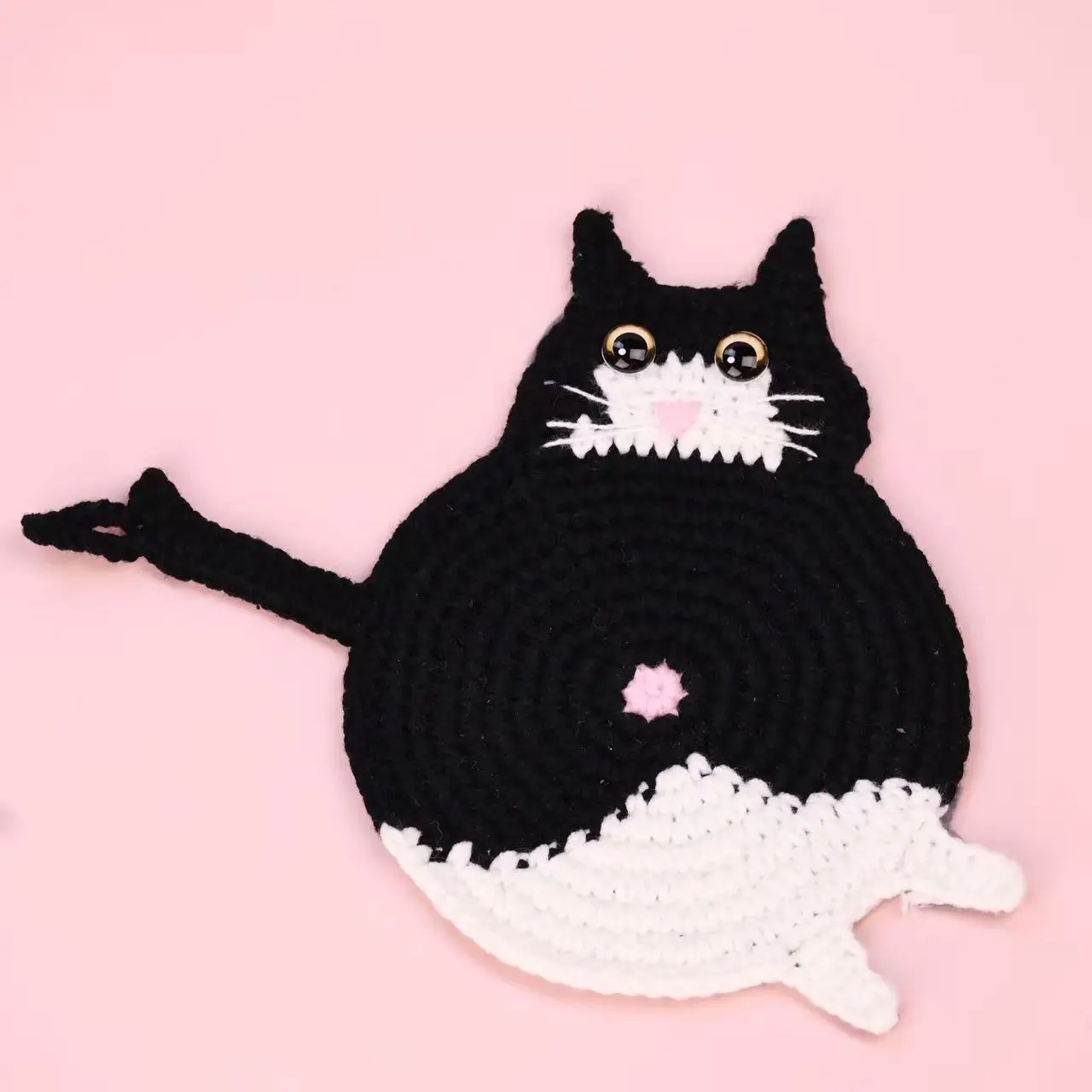 Kreative Häkel-Katzen-Tasse, handgefertigte gestrickte Tier-Kaffeekissen, niedliche Katzen-Tassenunterlage, Schreibtischdeko – Detail 3
