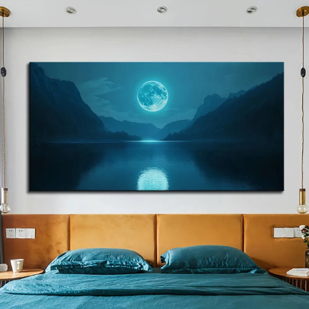 1.5 inch thick pine solid wood frame, mural canvas printing, moon ocean landscape full moon painting, home decorative art