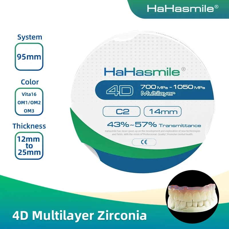 

HaHasmile 95mm C2 Transparency 43-57% Dental Material 4D Zirconia Multilayer Block 5 Layers For Dental Lab Use