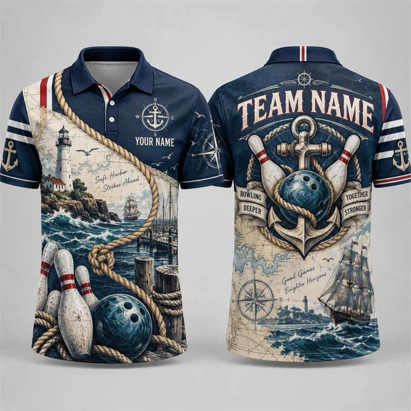 Custom Bowling Polo Shirt Personalized Name Team Name Vintage Scenic Print Short Sleeve Jersey League Tournament Sports Uniform