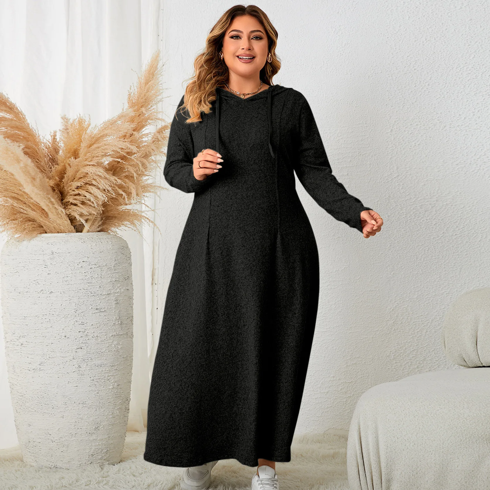 

Plus Size Women's Casual Long Sleeve Hooded Maxi Dress A-Line Loose Gown for Autumn Winter XL-4XL