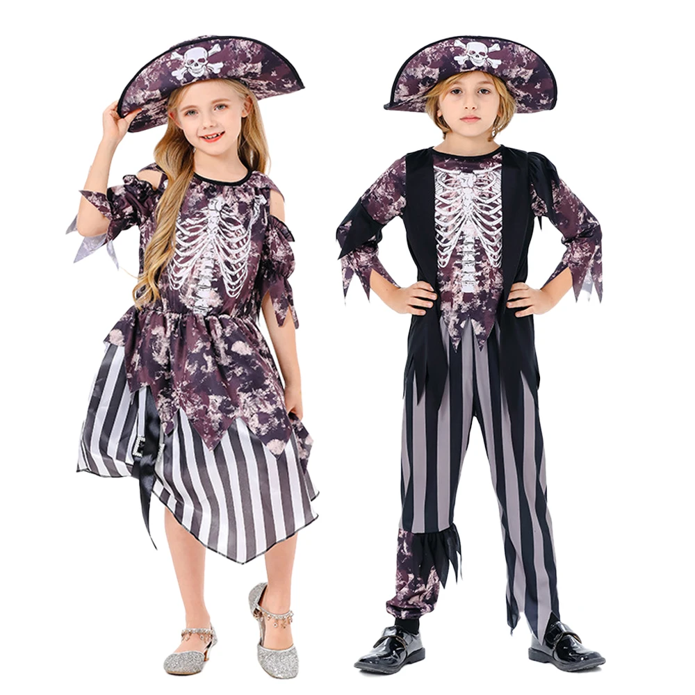 

Pirate Captain Children Cosplay Costume Girls And Boy Skull Hat Dresses Outfit Kids Halloween Carnival Party Costumes Gifts