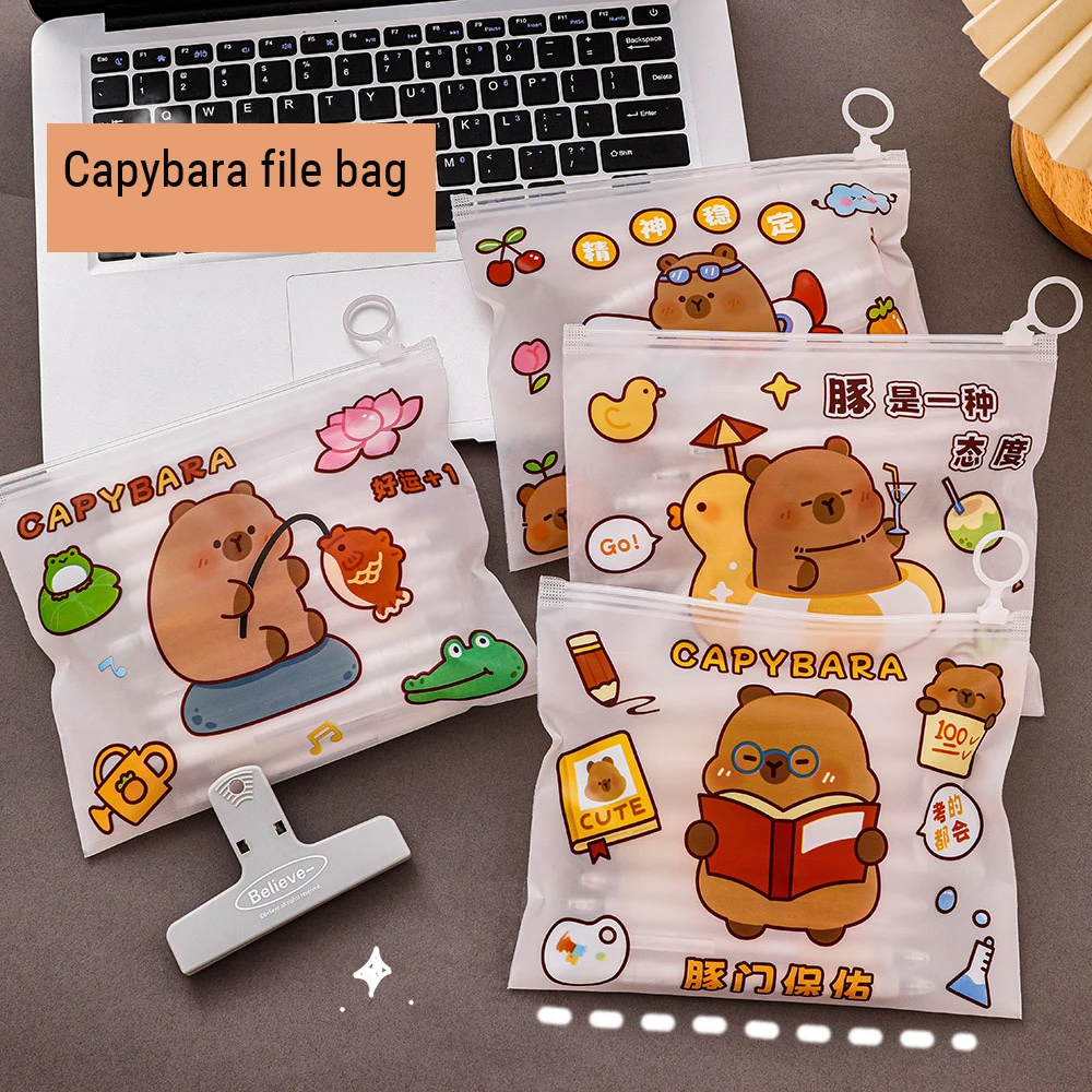4pcs Cute Capybara File Folder Student Large-Capacity Stationery Storage Bag Transparent Waterproof Organizer Folder Documents