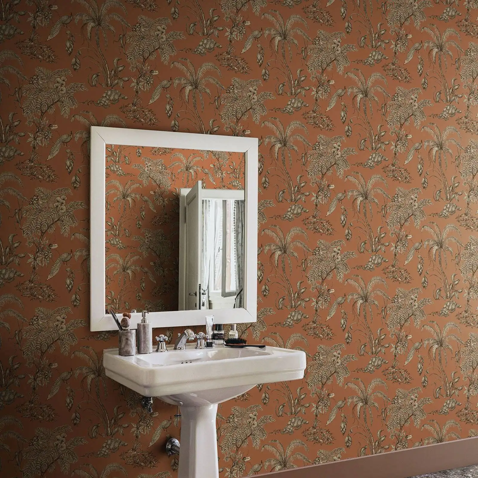 Toile de Jouy Wallpaper with monkey, Peacoark and Palm Trees in Forest, Jungle animal Wall paper with terracotta and beige color