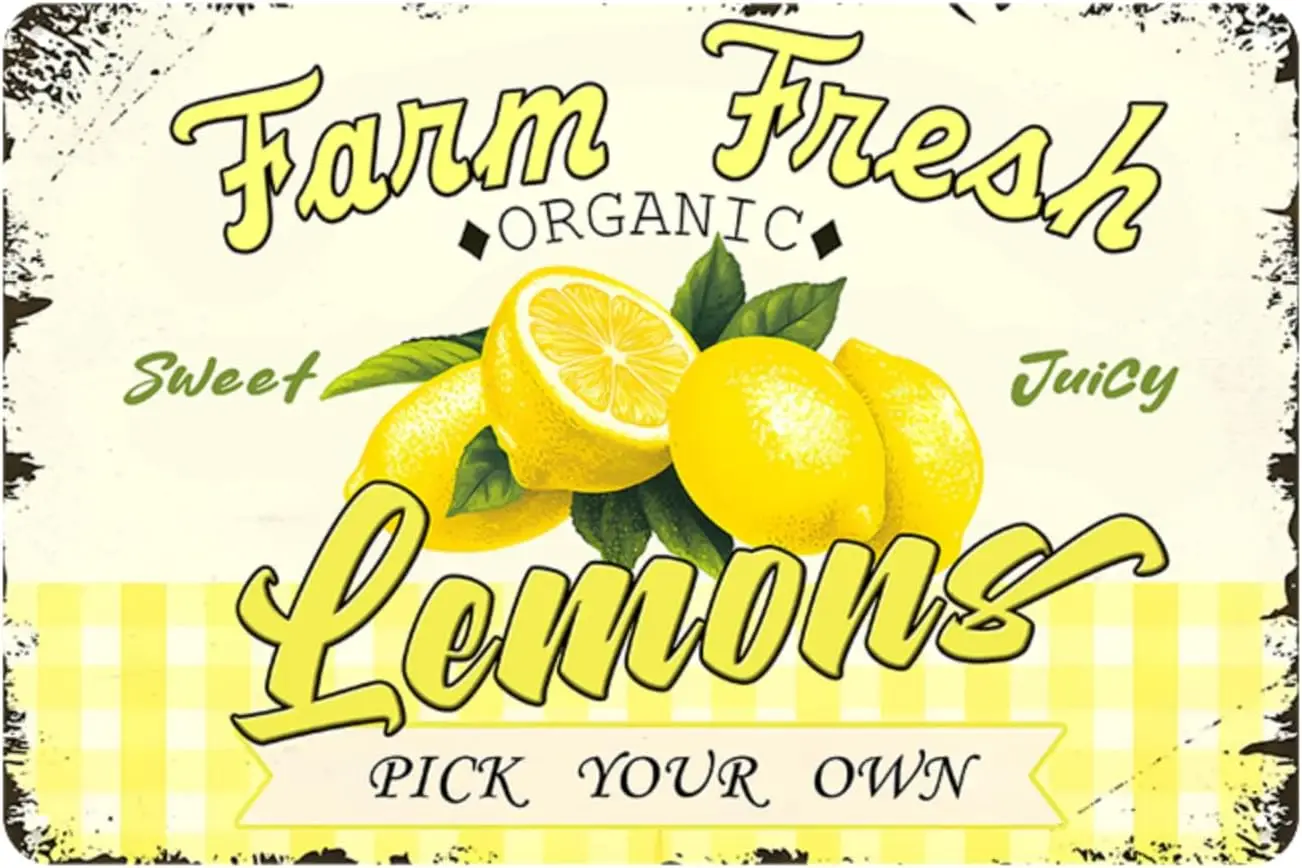Farm Fresh Sweet Lemons Vintage Metal Tin Sign Retro Fruit Wall Art Decorative Sign Poster for Home Farmhouse Country Market Kit