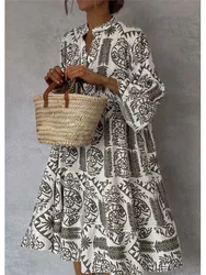 New Style Casual Print Three-quarter Sleeve Shirt Dress For Women Summer Fashion V Neck Loose Holiday Casual Dresses Robe Femme