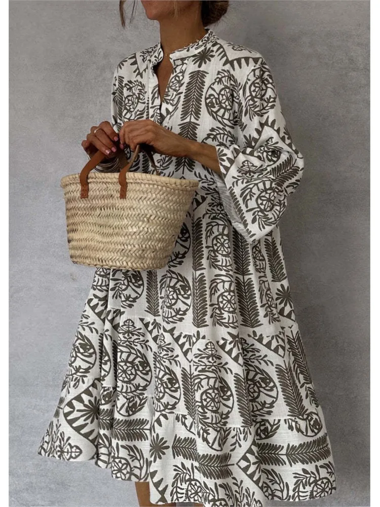 New Style Casual Print Three-quarter Sleeve Shirt Dress For Women Summer Fashion V Neck Loose Holiday Casual Dresses Robe Femme