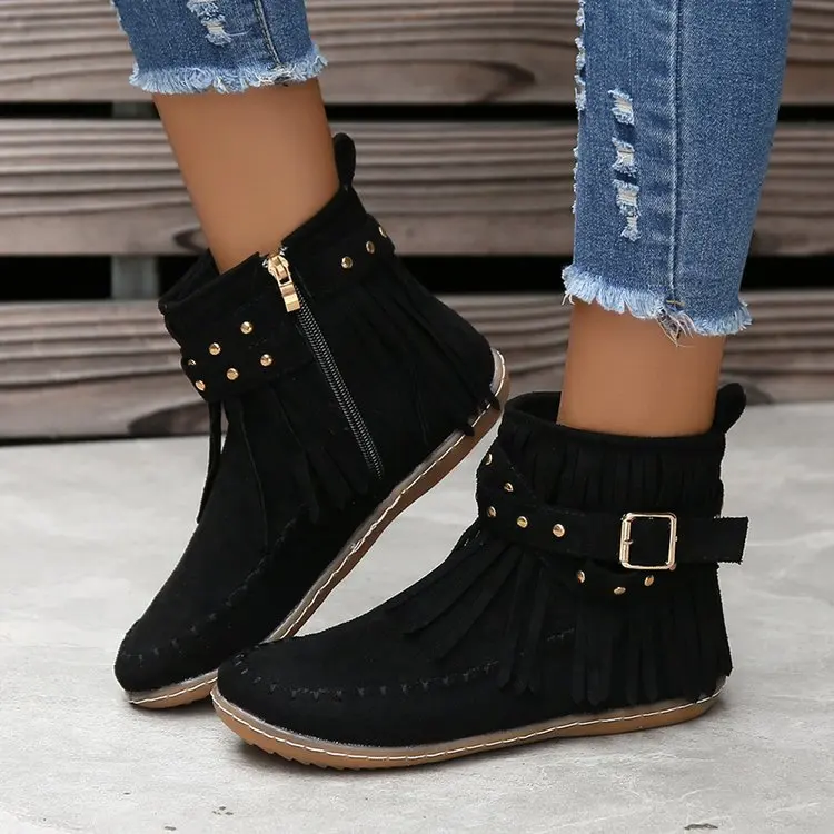 Cowboy Boots Women 2023 Short Leather Flat Shoes Studded Cowboy Tassels Boots Western New Rock Plus Size Goth Punk Suede