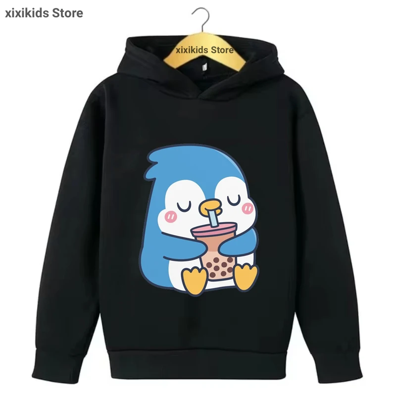 

Funny Kawaii Kids Clothes Penguin Loves Milk Tea Cartoon Print Cap Hoodies Girls/Boys Sweatshirt Winter/Spring/Autumn Coat Tops