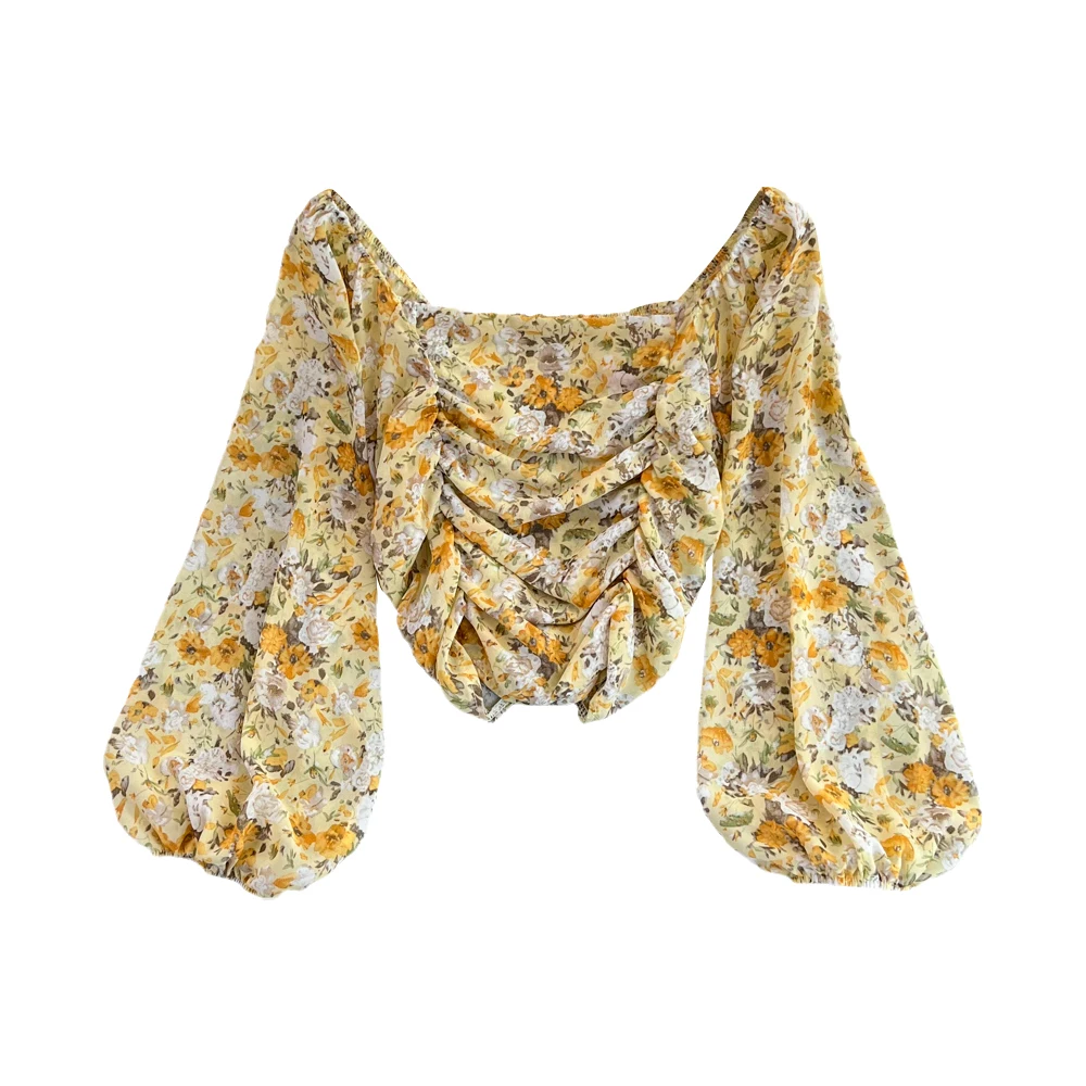 Lente Herfst Koreaanse Stijl Chiffon Shirt Temperament Vierkante Kraag Bladerdeeg Mouw Plooien Bloemen Alle-Geëvenaard Vrouwen Trui Blouse