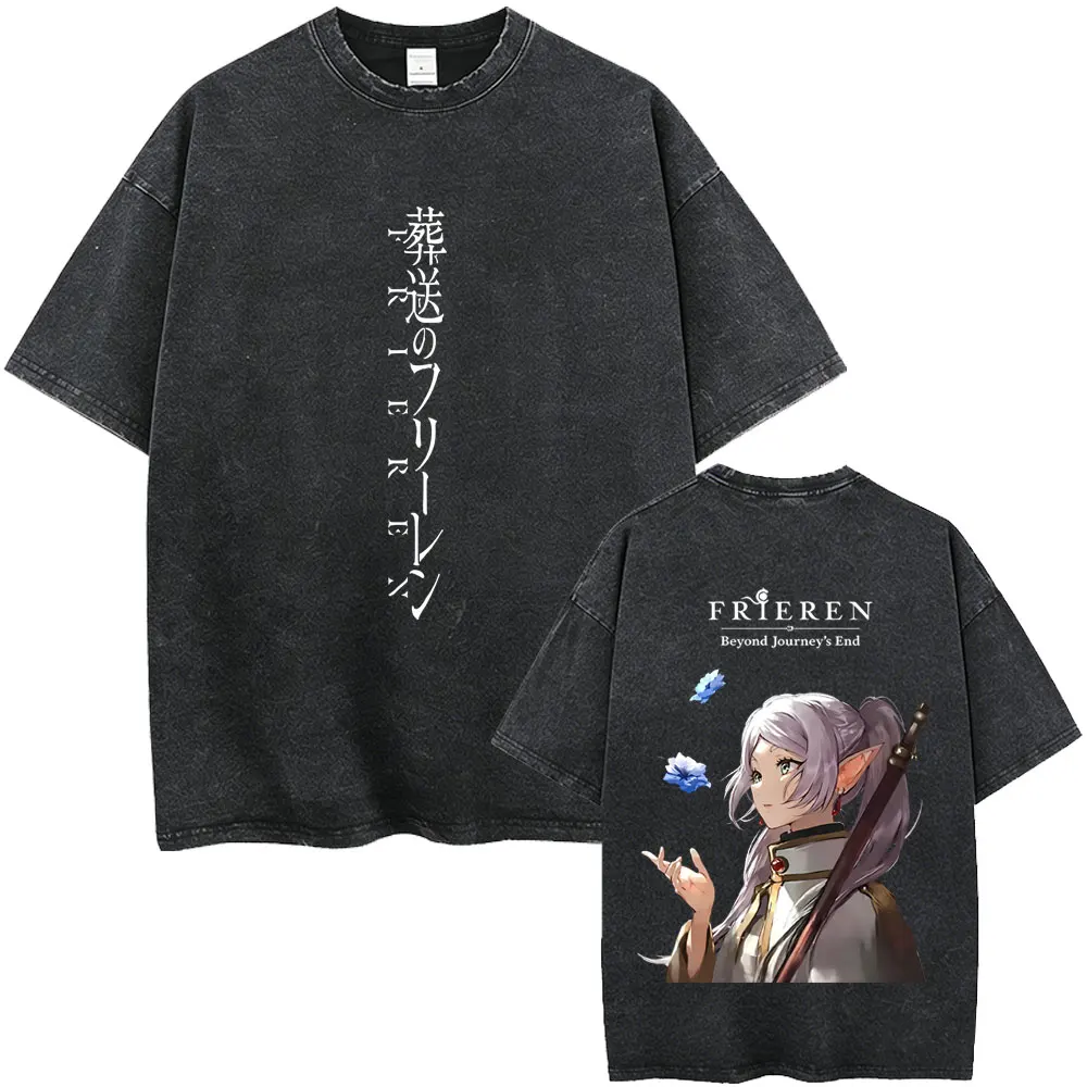 Anime Frieren: Beyond Journey's End Frieren Washed Vintage T-shirt Men Women Fashion Manga T-shirts High Quality Cotton T Shirts
