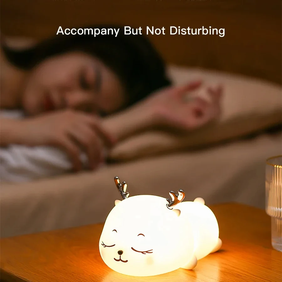 LED Night Light USB Silicone Rechargeable Modern Anime Deer Baby Timed Sleep Night Light Gift Bedroom Decoration Night Light