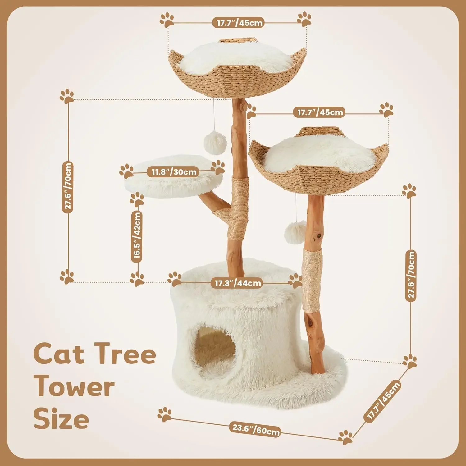 Aesthetic Cat Tree, Wood Cute Tree Tower With Scratching Post, Modern Condos With Jumping Platforms And 2 Beds|