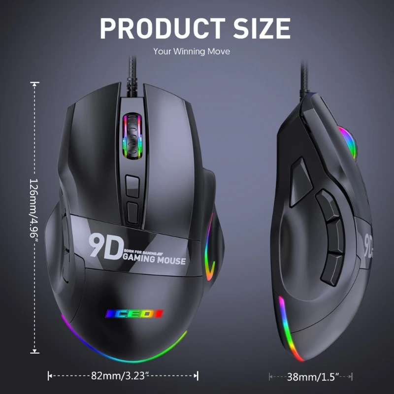 USB Mice Gaming Mouse Mechanical 1200dpi 9 Buttons RGB Backlit Computer Dropship