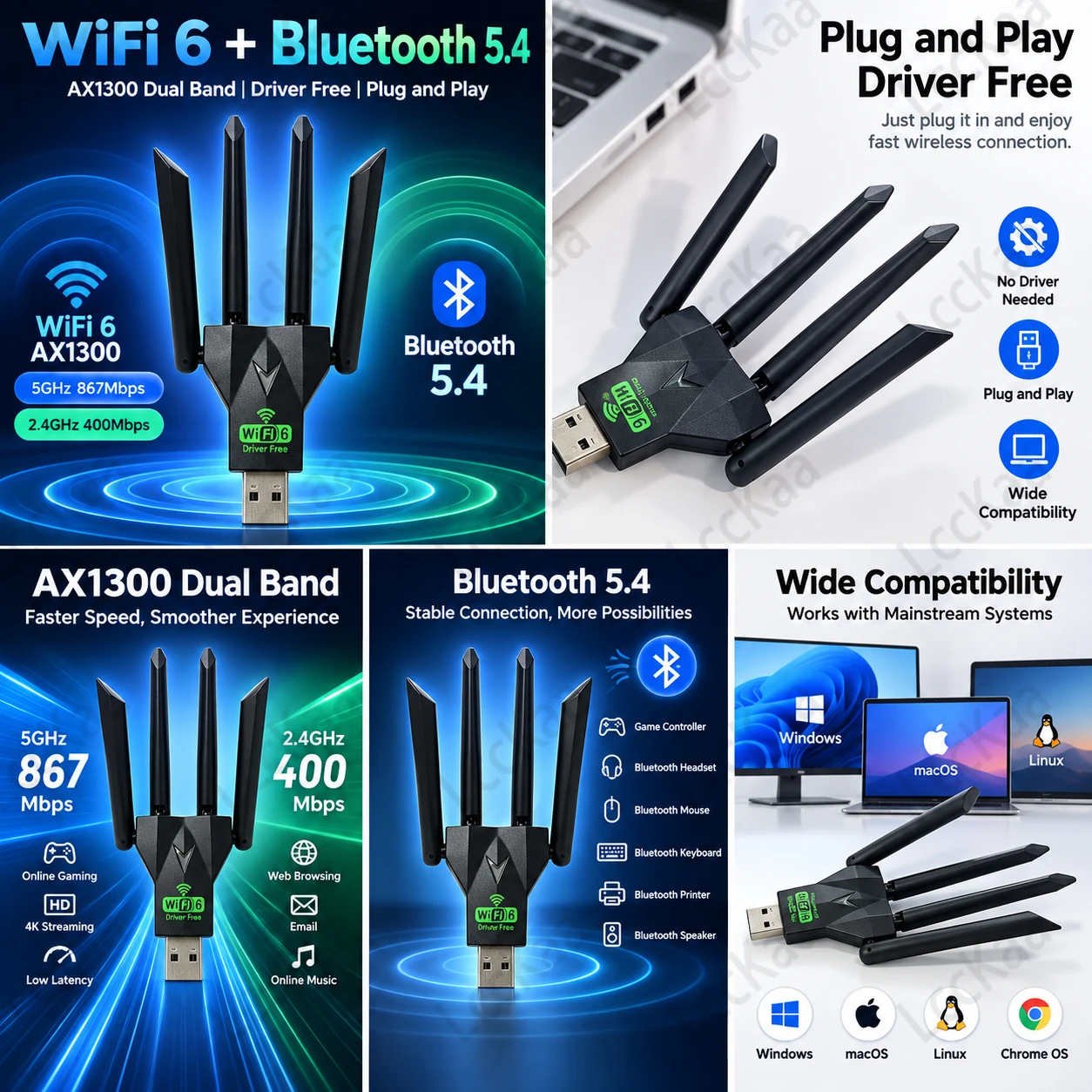 LccKaa AX1300 WiFi6 USB Adapter Bluetooth5.4 Dual Band 2.4G 5G 1300Mbps Wireless Network Card Driver Free for PC Laptop Desktop - view 5